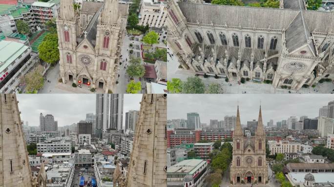 广州圣心大教堂4K航拍 哥特建筑 石教堂