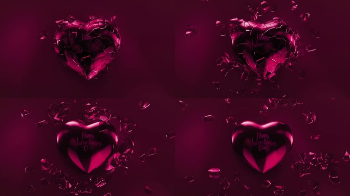 爱情的心碎成许多玻璃碎片，附上文字情人节快乐。动画3D闪耀爱心。