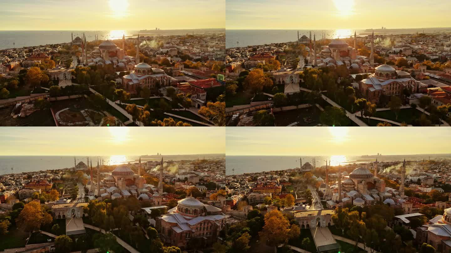 法提赫上空的空中日落宁静:蓝色清真寺和圣索菲亚大教堂的空中远景#无人机法提赫上空#伊斯坦布尔日落#历