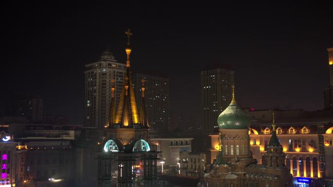 航拍哈尔滨圣索非亚教堂广场夜景