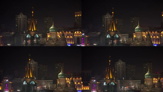 航拍哈尔滨圣索非亚教堂广场夜景