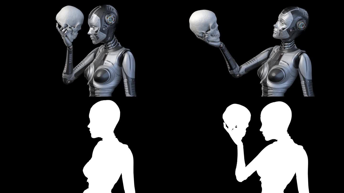 机器人女人拿着人类的头骨