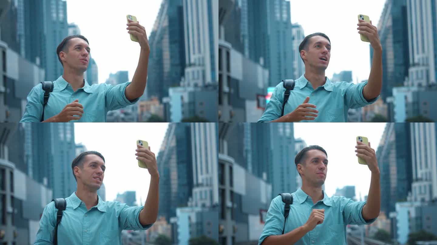 一名男子通过视频通话分享了他在城市的冒险经历，视频通话拉近了距离，他的故事给城市带来了生活。通过视频
