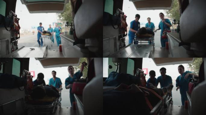 护士和医生小组正在把一张移动急救床放到急救车上