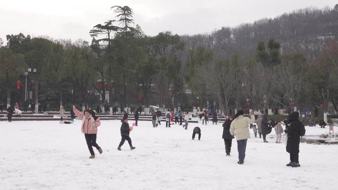 公园雪地上开心玩耍