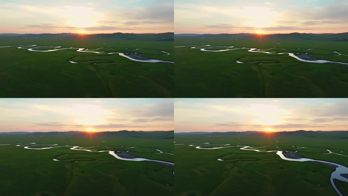航拍呼伦贝尔草原夕阳中的莫尔格勒河