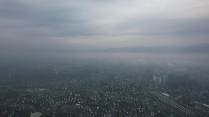 湖南怀化城市清晨迷雾航拍