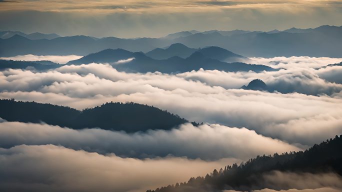 原始森林云雾缭绕树林光影阳光云海空境写意