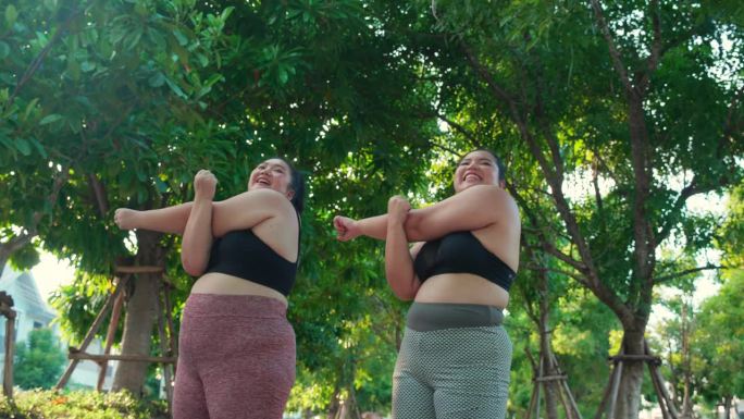大体型两个年轻的亚洲女人在公园里伸展手臂肌肉，超重的女人为节食和健康做热身和锻炼，锻炼和动力，超大和
