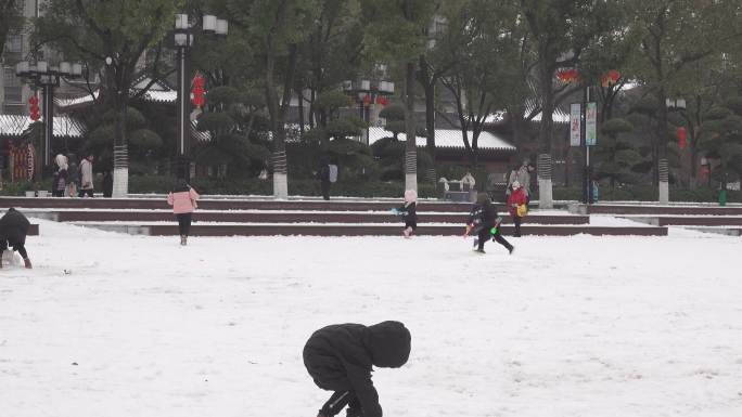 公园雪地上开心玩耍