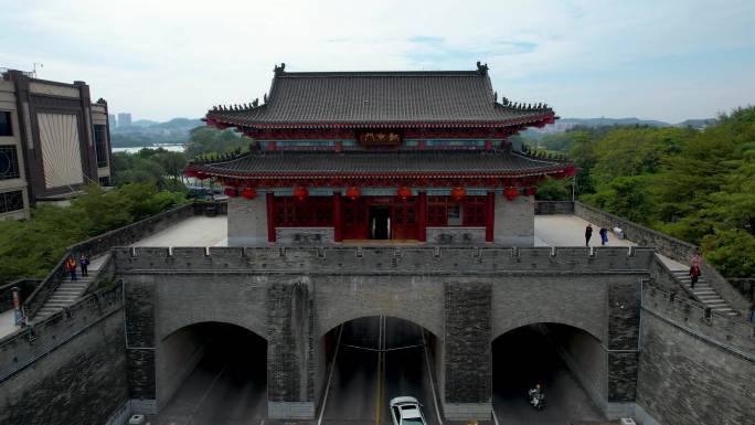 惠州城市建筑朝京门古建山水风景航拍