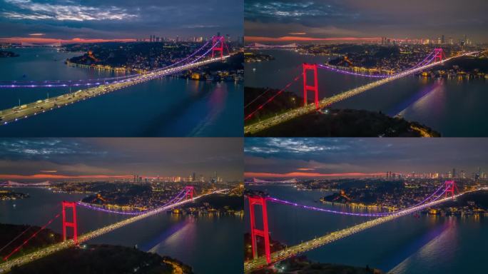 高速斜坡上的空中超降魔法:标志性的法提赫苏丹穆罕默德桥和伊斯坦布尔金融区在暮色中焕发出充满活力的色彩