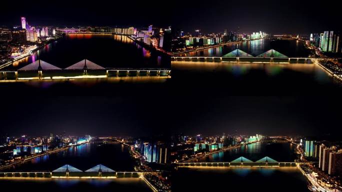 湖南长沙银盆岭大桥夜景灯光航拍