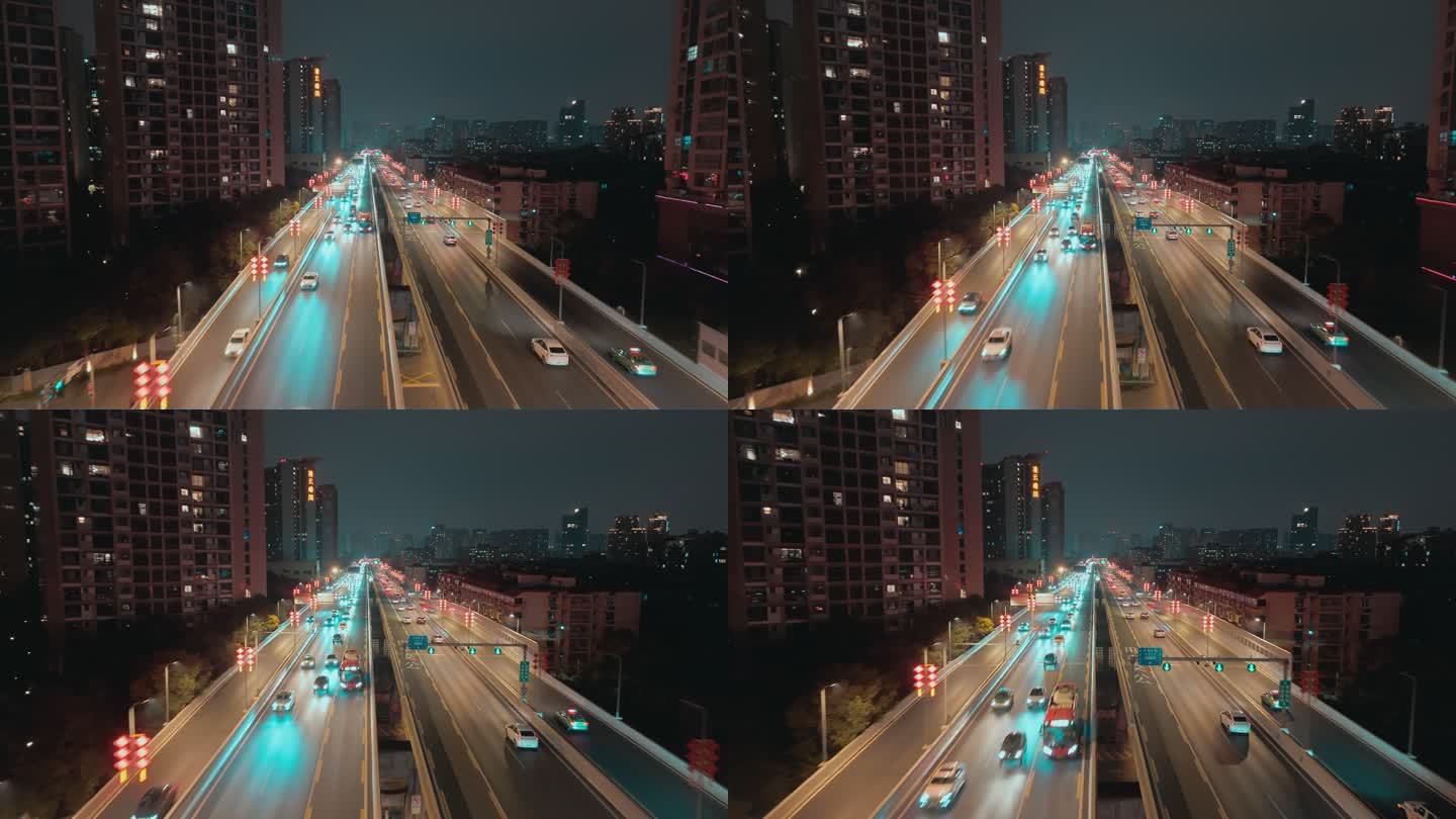 城市夜晚高架桥立交桥车流航拍