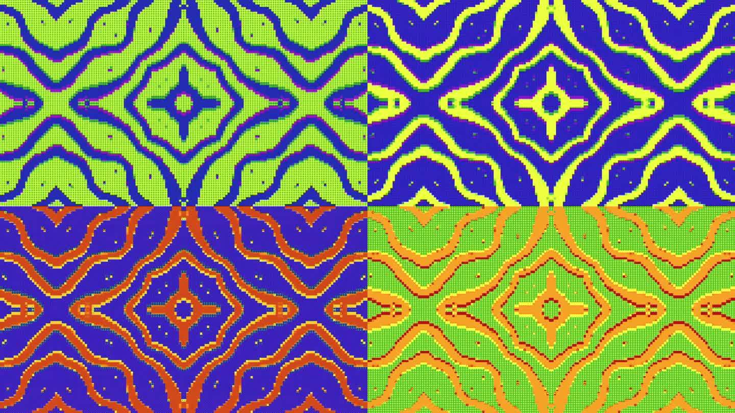 复古的8位数字艺术图案，紫色和黄色的配色方案，具有像素化的几何设计，让人想起复古的电子游戏。