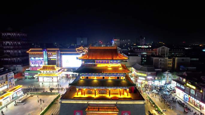 河南开封城市夜景鼓楼夜景航拍