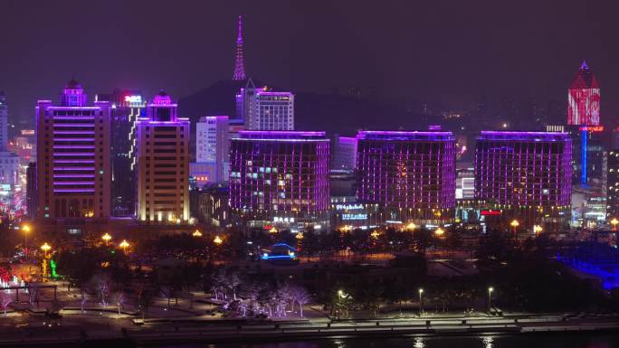 航拍威海市环翠区威高城市广场龙年春节夜景