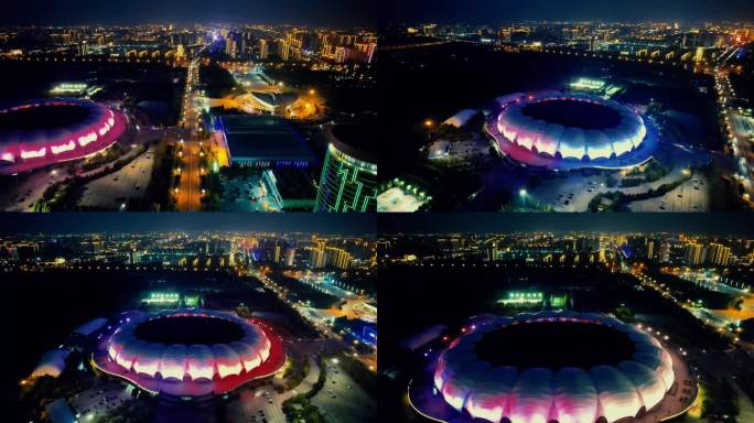 河北沧州体育中心夜景灯光航拍