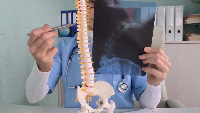 创伤学家检查人脊柱的x光片。脊柱疝概念