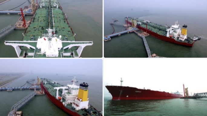 航拍大型油轮在天津港码头停靠 延时