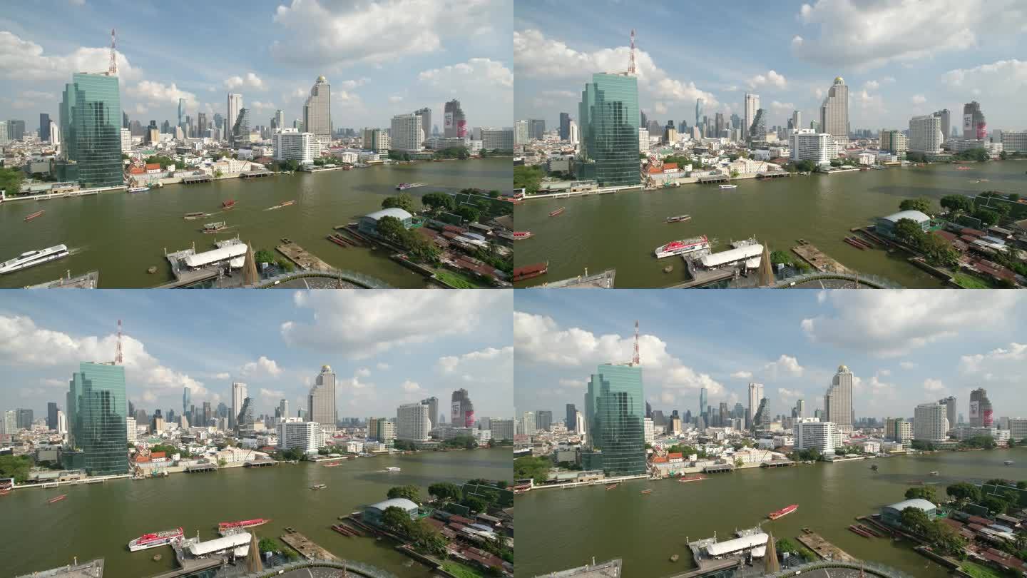 泰国曼谷湄南河滨城市高楼天际线风光