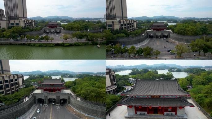 惠州城市建筑朝京门古建山水风景航拍