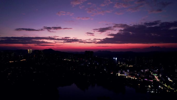 湖南郴州日落晚霞夜景航拍