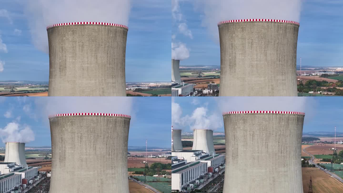 多座核电站设施冷却塔航拍图