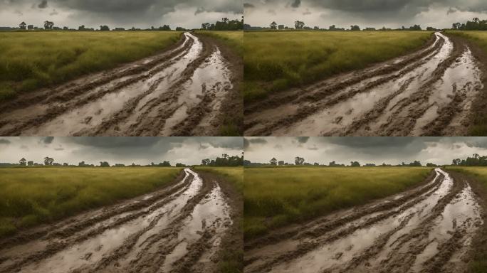 乡村道路上的泥泞土路