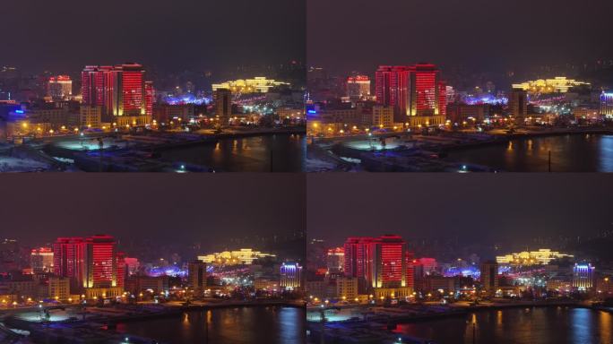 航拍威海市环翠区海滨路进出口大厦龙年夜景