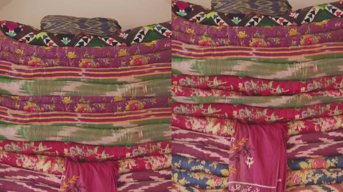 明亮的东方毛毯。拼接的工艺。东方文化的手工艺。4 k。
