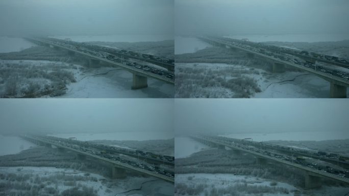 航拍东北哈尔滨冰雪雾气中繁忙大桥交通朦胧