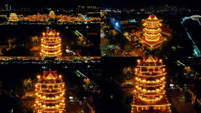 河北沧州清风楼夜景航拍