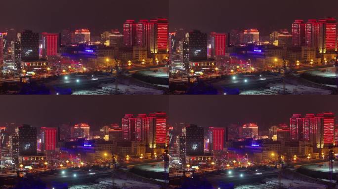 航拍威海市环翠区海滨路进出口大厦龙年夜景