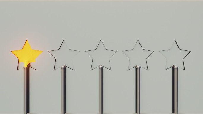 一颗星的评级主题- 5颗星中的1颗被填充- 3D动画渲染1颗星填充抽象管道液体。
