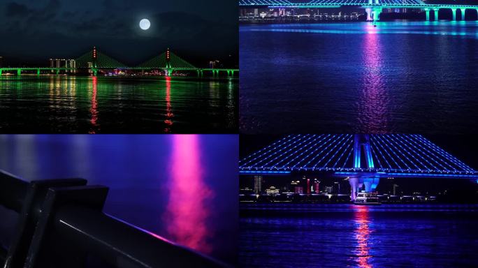 夜晚月亮夜空下的江水大桥