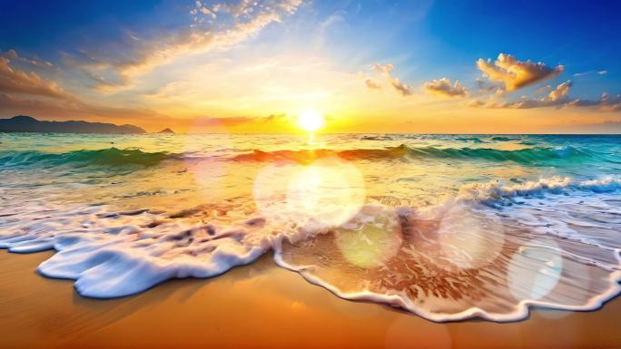 日出下的海浪拍打着沙滩