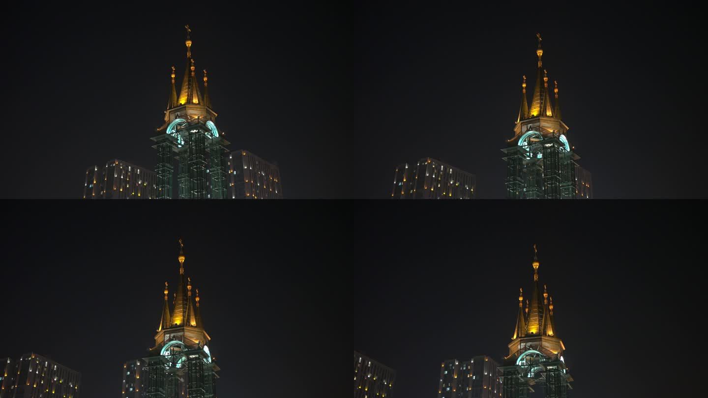 航拍哈尔滨圣索非亚广场钟楼夜景
