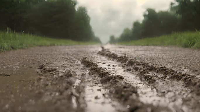 乡村道路上的泥泞土路