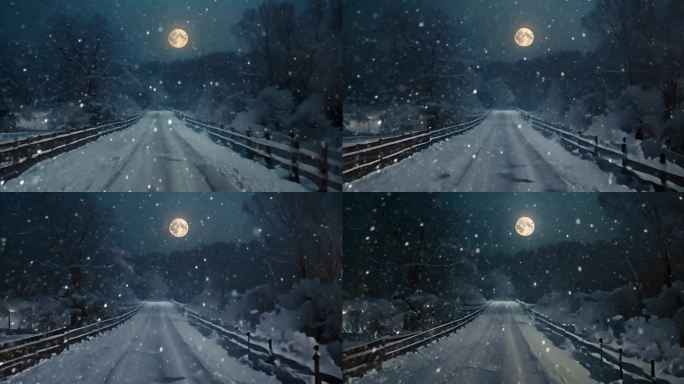 雪夜 乡间小路下雪 月色