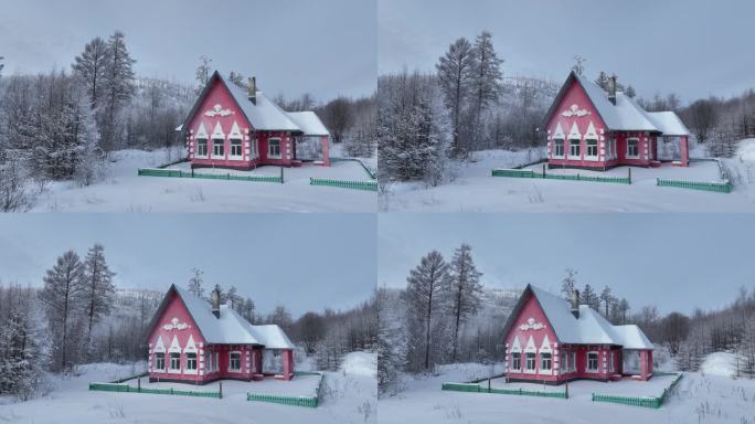 航拍林海雪原护林人森林小屋