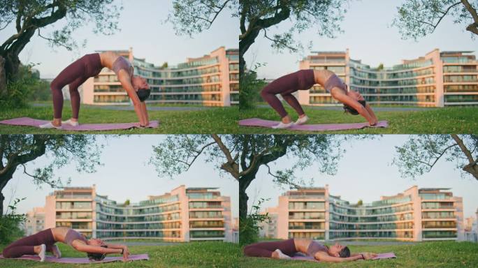 柔韧的女子在阳光公园表演桥牌姿势。修身女士练瑜伽