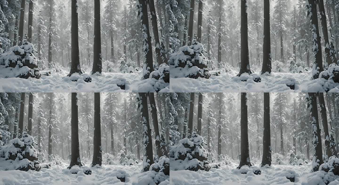 树林中的积雪下雪天气