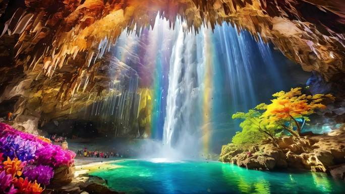 巨大水晶洞穴下的彩虹瀑布素材