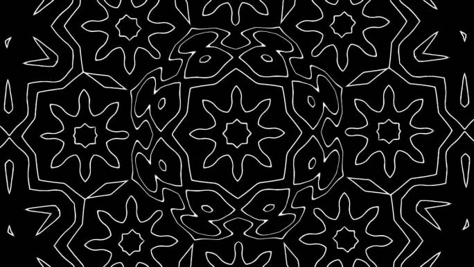 黑色背景上对称几何形状的单色万花筒图案，创造出无缝而复杂的曼陀罗式设计。