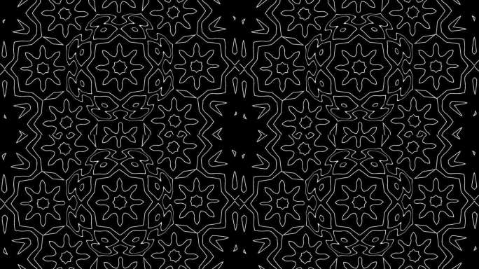 黑色背景上对称几何形状的单色万花筒图案，创造出无缝而复杂的曼陀罗式设计。