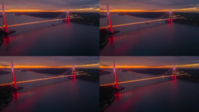 空中超缩全景完美:Yavuz Sultan Selim大桥和接近的集装箱船#BosphorusVis