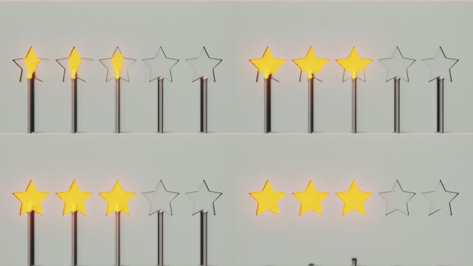 三颗星的评级主题- 3颗星中的5颗被填充- 3D动画渲染与3颗星填充抽象管道液体。