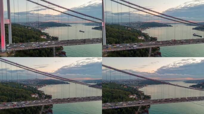 空中黄昏交通超延时拍摄:拥抱标志性的法提赫苏丹穆罕默德桥和接近的集装箱船# istanbul - v