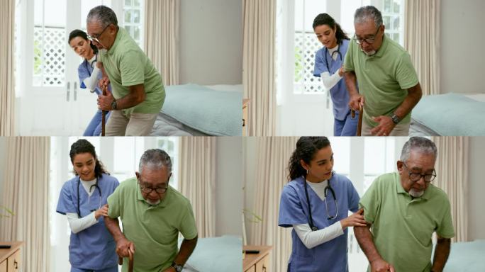 在养老院照顾、扶起和支持拄拐杖的老人、同情和医疗保健。年轻护士，老年病人或康复帮助的残疾人或信任在卧